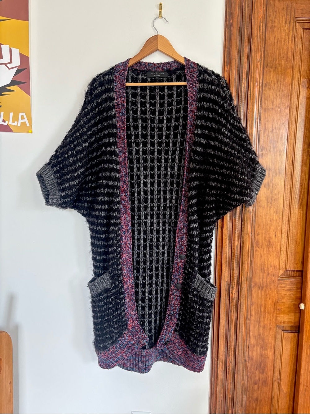 rag & bone Long Black and Gray Striped Open-Front Cardigan with Marled Trim